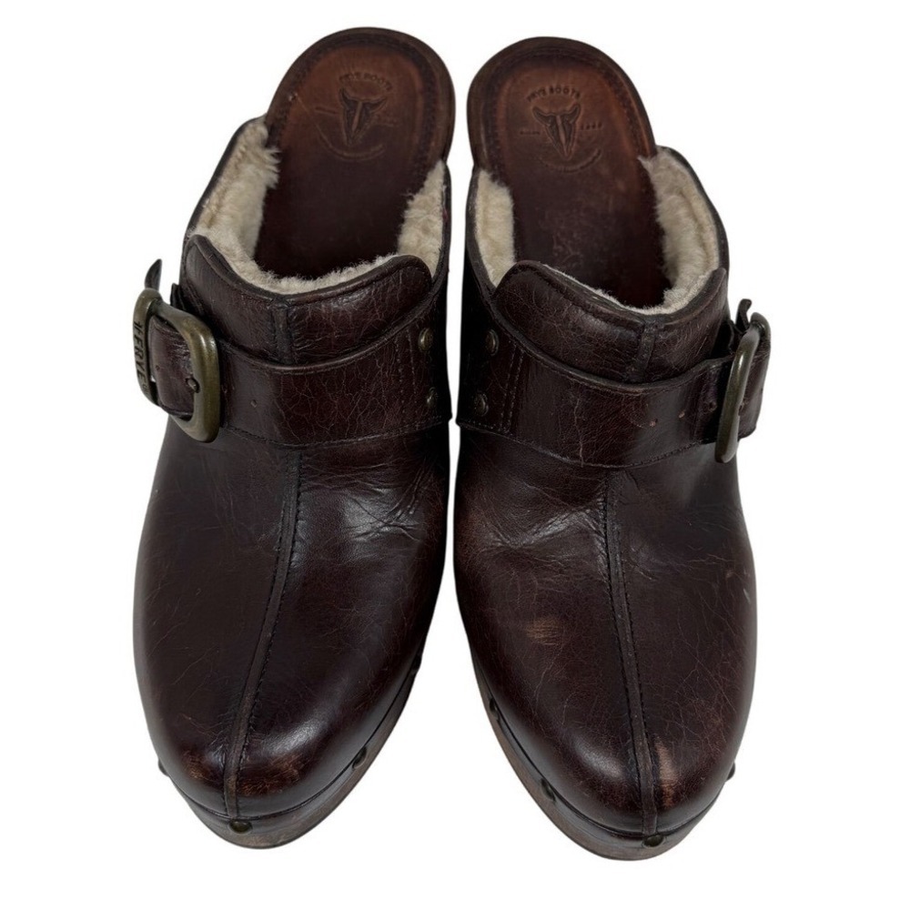 Frye Ella Leather Mule Clogs, Brown, Studded Wooden Platform and Heel, Size 8.5